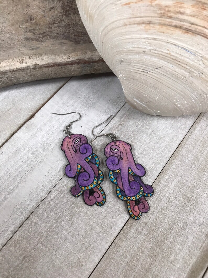 Purple Octopus Earrings Sea Creature Jewelry Hand Painted Watercolor