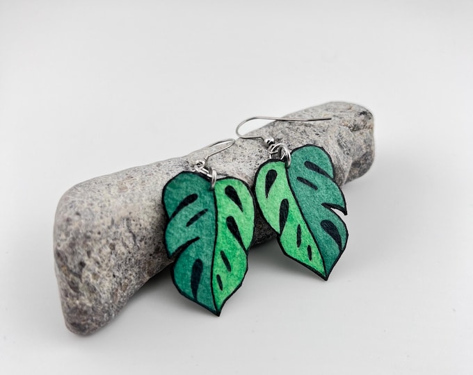 Monstera Leaf Earrings, Hand Painted, Lightweight
