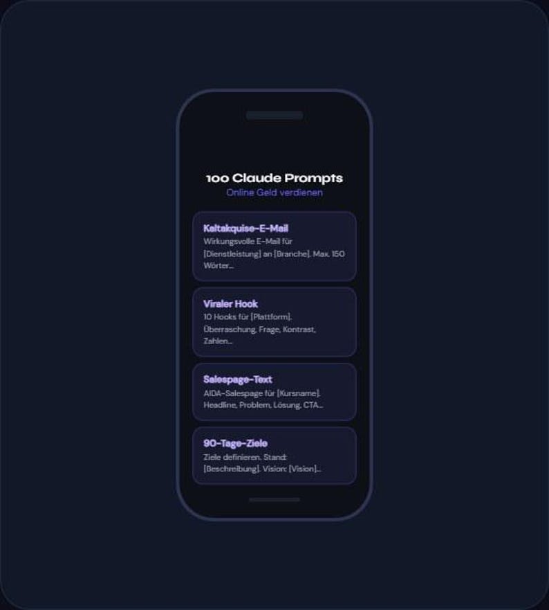 以下が含まれることがあります： スマートフォン画面には、"100 Claude Prompts"と"Online Geld verdienen"というテキストが表示された濃い青色のインターフェースが表示されています。 "Kaltakquise-E-Mail"や"Viraler Hook"などのトピックがいくつかリストされています。