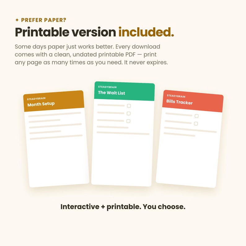 Puede incluir: Tres p&aacute;ginas de planificador digital rectangulares con encabezados de colores etiquetados como Month Setup en oro, The Wait List en verde y Bills Tracker en rojo. El texto incluye PREFER PAPER? Printable version included. Interactive + printable. You choose.