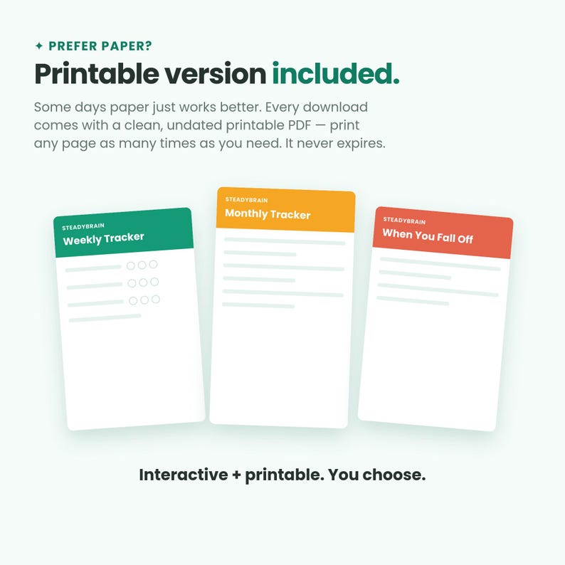Peut inclure: Trois cartes de suivi num&eacute;riques intitul&eacute;es Weekly Tracker en vert, Monthly Tracker en orange et When You Fall Off en rouge. Le texte indique : PREFER PAPER? Printable version included. Some days paper just works better. Interactive + printable. You choose.