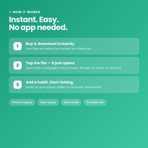 Peut inclure: Un graphique informatif vert intitul&eacute; How It Works, Instant. Easy. No app needed. Il liste trois &eacute;tapes : 1. Buy & download instantly, 2. Tap the file - it just opens, 3. Add a habit. Start ticking. Les &eacute;tiquettes en bas incluent Phone & laptop, Auto-saves, Dark mode, Printable too.