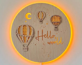 Personalized Hot Air Balloon Night Light, Wooden Nursery Lamp, Rustic Baby Room Decor, Custom Name Wall Light, Baby Shower Gift