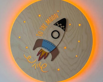 Personalized Rocket Night Light, Custom Blue Space Wooden Nursery Lamp, Laser Cut To The Moon Boys Room Wall Decor, Baby Shower Gift
