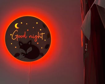 Personalized Fox Night Light, Wooden Baby Nursery Lamp, Woodland Room Decor, Custom Name Light, Sleepy Fox Kids Room Decor, Baby Shower Gift