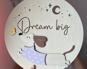 Personalized Dachshund Night Light, Wooden Dog Nursery Lamp, Cherry Baby Room Decor