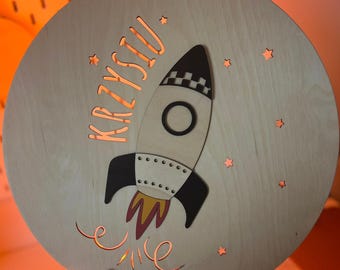 Personalized Black Rocket Night Light, Custom Space Wooden Nursery Lamp, Laser Cut Starry Boys Room Wall Decor, Newborn Baby Shower Gift