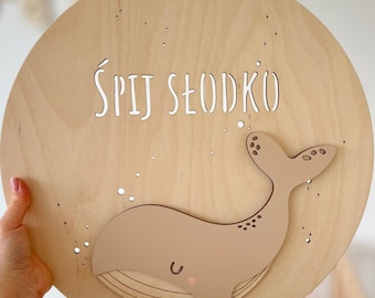 Personalized Whale Lamp, Wooden Night Light for Nursery, Baby Boy Room Decor, Newborn Gift, Wall Mounted Toddler Light, Sand Dream
