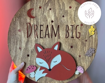 Personalized Fox Night Light, No Blue Light, Flicker-Free, Dimmable Wooden Nursery Lamp, Rustic Baby Room Decor