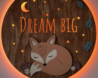 Personalized Fox Night Light, No Blue Light, Flicker-Free, Dimmable Wooden Nursery Lamp, Rustic Baby Room Decor