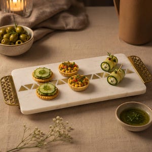 May include: A marble serving tray with gold accents holds an assortment of appetizers. Cucumber and pesto bites, mini quiches, and cucumber rolls are arranged on the tray. A bowl of olives, a candle, and a vase of flowers complete the scene.
