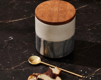Witte en grijze stapelbare marmeren pottenset | Handgemaakte marmeren opbergdozen | Luxe keuken