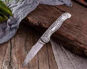 Navaja plegable de acero de Damasco, mango grabado, herramienta EDC de bolsillo, regalo ideal para coleccionistas.