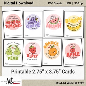 Cartes de Saint-Valentin à imprimer avec des fruits et des aliments mignons pour enfants | 2,75" x 3,75" | Téléchargement numérique | Jeux de mots drôles de bande dessinée | PDF | JPG | Ensemble | Lot