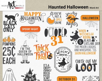 Haunted Halloween Clipart Set, Digital and Printable Overlay Word Art, Instant Download PNG,  Scrapbooking