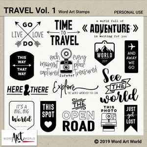 Digital e imprimible superposición Word Art Set - Descarga instantánea - Travel Clip Art - Sellos - PNG - Scrapbooking - Uso personal