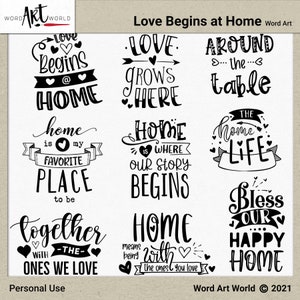 Digitales und druckbares Overlay Word Art Set - Instant Download - Love Begins at Home Clip Art - PNG Bilder - Scrapbooking - Persönliche Nutzung