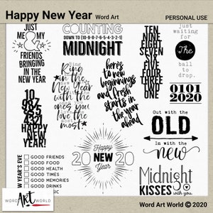 Digital and Printable Overlay Word Art Set - Téléchargement instantané - Happy New Year Clip Art - Images PNG - Scrapbooking- Usage personnel UNIQUEMENT