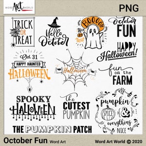 Pode incluir: Um conjunto de 10 designs de arte de palavras com tema de Halloween em preto e laranja. Os designs incluem frases como "Trick or Treat", "Happy Haunted Halloween", "Boo", "Fun on the Farm", e "The Cutest Pumpkin".