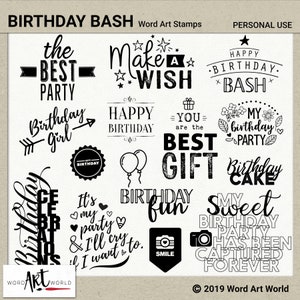 Digital and Printable Overlay Word Art Set - Instant Download - Birthday Bash Clip Art - PNG Images - Scrapbooking- Personal Use ONLY