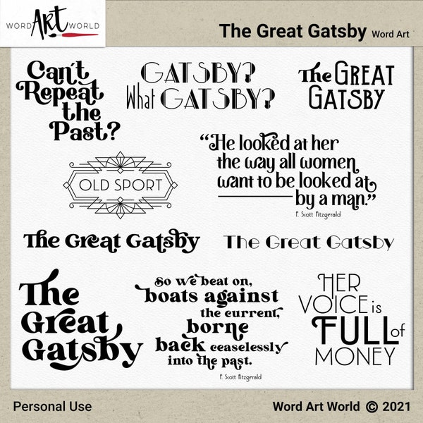 Digital and Printable Overlay Word Art Set - Instant Download - The Great Gatsby Clip Art - PNG Images - Scrapbooking- Personal Use