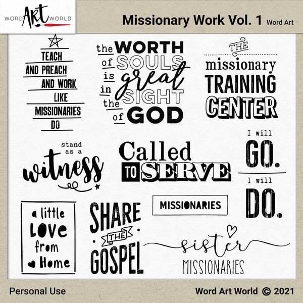 Digital and Printable Overlay Word Art Set - Instant Download - LDS Missionary Clip Art - PNG Images - Scrapbooking- Personal Use