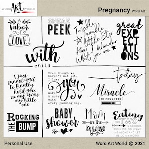 Conjunto de Word Art de sobreposição digital e imprimível - Download instantâneo - Clip Art de gravidez - Imagens PNG - Scrapbooking - Esperando