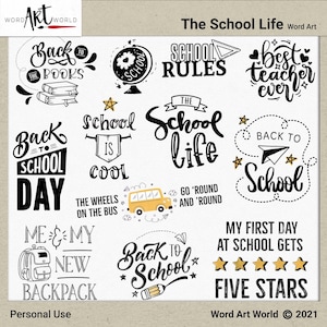 Ensemble d’art word de superposition numérique et imprimable - Téléchargement instantané - The School Lifel Clip Art - Png Images - Scrapbooking - Usage personnel