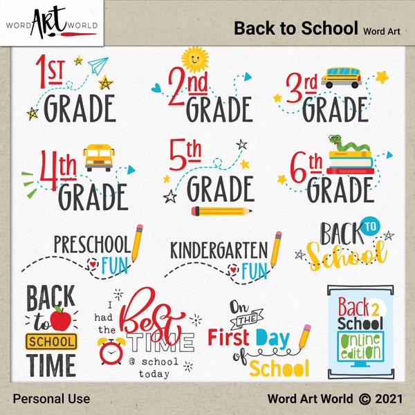 Back to School Clip Art - Digital and Printable Overlay Word Art Set - Instant Download - PNG Images - Scrapbooking- Personal Use