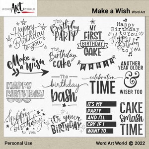 Digitales und druckbares Overlay Word Art Set - Instant Download - Geburtstage - Make a Wish Clip Art - PNG Bilder - Scrapbooking - Persönliche Nutzung