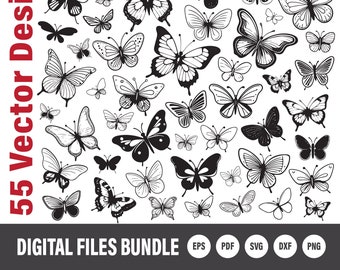 May include: A collection of 55 vector designs of butterflies in various sizes and styles, rendered in black and white. The image includes the text "55 Vector Designs" and "DIGITAL FILES BUNDLE" with file type icons.