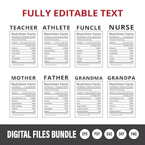 Ensemble de modèles d'étiquettes modifiables de valeur nutritive | énonciations drôles de T-shirt | Enseignant Infirmière Funcle Grandma | Utilisation commerciale | Téléchargement instantané
