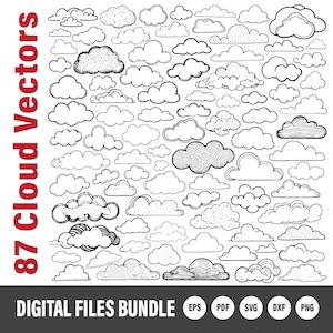 Set wolken SVG-krabbelbundel | Handgetekende vectorontwerpen | Commercieel gebruik | Direct downloaden | Transparante png-stempels | Weer | Lucht