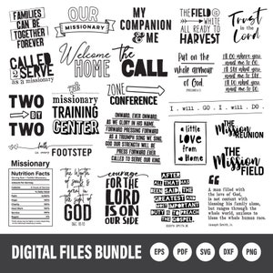 Könnte beinhalten: Schwarz-weißes digitales Design-Dateibündel zum Basteln. Die Designs zeigen inspirierende Zitate über Missionsarbeit, Glauben und Liebe. Der Text enthält Sätze wie "Unser Missionar", "Willkommen zu Hause", "Der Ruf", "Das Missionsfeld" und "Vertraue auf den Herrn".