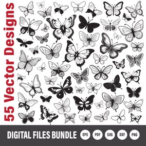 Op de afbeelding: Een verzameling van 55 vectorontwerpen van vlinders in verschillende maten en stijlen, weergegeven in zwart en wit. De afbeelding bevat de tekst "55 Vector Designs" en "DIGITAL FILES BUNDLE" met pictogrammen voor bestandstypen.