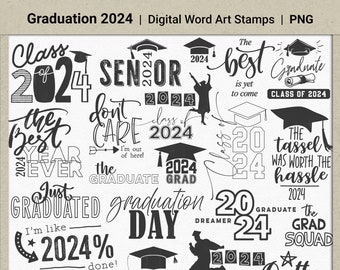 Graduation 2024 Digital and Printable Overlay Word Art Set, Instant Download, Clip Art, Stamps, PNG, Scrapbooking, Personal Use, School