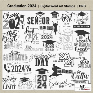 Graduation 2024 Digital and Printable Overlay Word Art Set, Instant Download, Clip Art, Stamps, PNG, Scrapbooking, Personal Use, School