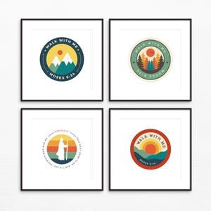 May include: Four framed art prints with circular designs. Each print features the text "WALK WITH ME" and "MOSES 6:34". The designs include mountains, trees, and a sunset, with a retro color palette of blues, greens, oranges, and yellows.