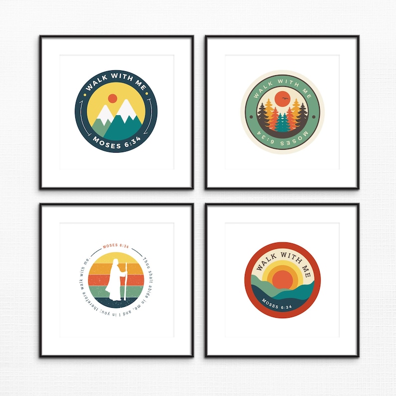 May include: Four framed art prints with circular designs. Each print features the text "WALK WITH ME" and "MOSES 6:34". The designs include mountains, trees, and a sunset, with a retro color palette of blues, greens, oranges, and yellows.