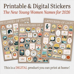 Puede incluir: Tres hojas de pegatinas imprimibles y digitales con el texto Builders of Faith, Messengers of Hope y Gatherers of Light. Las pegatinas incluyen varias formas y diseños gráficos coloridos con temas de naturaleza, luz y fe.