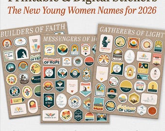 Puede incluir: Tres hojas de pegatinas imprimibles y digitales con el texto Builders of Faith, Messengers of Hope y Gatherers of Light. Las pegatinas incluyen varias formas y diseños gráficos coloridos con temas de naturaleza, luz y fe.
