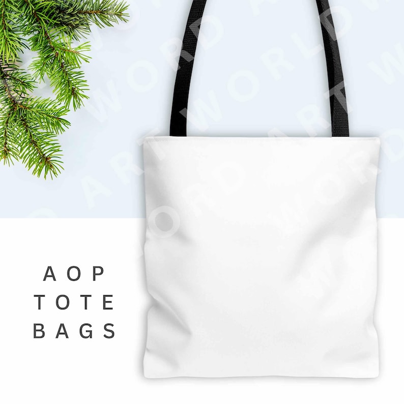 K&ouml;nnte beinhalten: Eine wei&szlig;e Einkaufstasche mit schwarzen Henkeln. Die Tasche ist leer und kann individuell gestaltet werden. Der Text "AOP TOTE BAGS" ist unter der Tasche aufgedruckt.