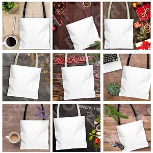 K&ouml;nnte beinhalten: Neun wei&szlig;e Stofftaschen, die auf verschiedenen Hintergr&uuml;nden pr&auml;sentiert werden. Die Taschen sind aus Canvas und haben ein schlichtes Design. Sie eignen sich perfekt zum Tragen von Lebensmitteln, B&uuml;chern oder anderen Gegenst&auml;nden.