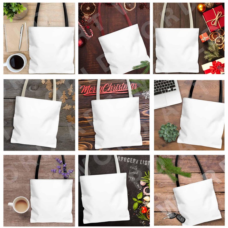 K&ouml;nnte beinhalten: Neun wei&szlig;e Stofftaschen, die auf verschiedenen Hintergr&uuml;nden pr&auml;sentiert werden. Die Taschen sind aus Canvas und haben ein schlichtes Design. Sie eignen sich perfekt zum Tragen von Lebensmitteln, B&uuml;chern oder anderen Gegenst&auml;nden.