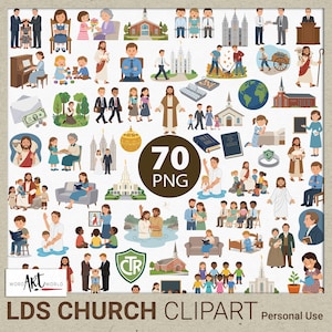 May include: A collection of 70 digital illustrations featuring various scenes related to the LDS church, including figures of people, religious buildings, temples, baptismal scenes, the Bible, and the CTR shield logo, all presented in a flat graphic style.