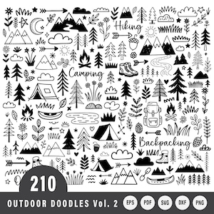 Puede incluir: Ilustraciones de doodles en blanco y negro con temática de actividades al aire libre. La imagen incluye dibujos de montañas, árboles, tiendas de campaña, flechas y las palabras "Hiking", "Camping" y "Backpacking". También se incluye el número "210".