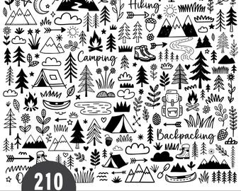 Könnte beinhalten: Schwarz-weiße Doodle-Illustrationen zum Thema Outdoor. Das Bild enthält Zeichnungen von Bergen, Bäumen, Zelten, Pfeilen und die Wörter "Hiking", "Camping" und "Backpacking". Die Zahl "210" ist ebenfalls enthalten.