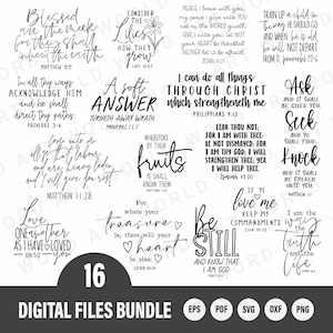 Paquete de imágenes prediseñadas con versículos bíblicos en formato SVG para cortar, uso comercial, conjunto de Word Art para imprimir, descarga digital instantánea, PNG inspirador