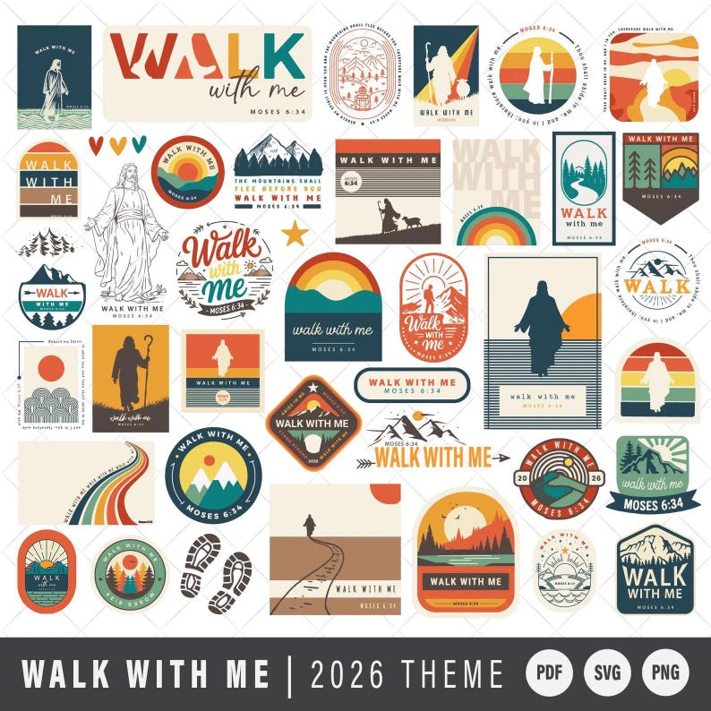 2026 "Walk With Me" LDS Youth Theme SVG | Clipart Set Bundle | Retro Printable Stickers | PNG | Mormon | Personal Use image 1