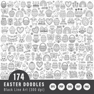 May include: Black and white Easter-themed doodle illustrations. The image features 174 hand-drawn elements, including eggs, bunnies, chicks, flowers, and rainbows. Text at the bottom reads "EASTER DOODLES Black Line Art (300 dpi)".